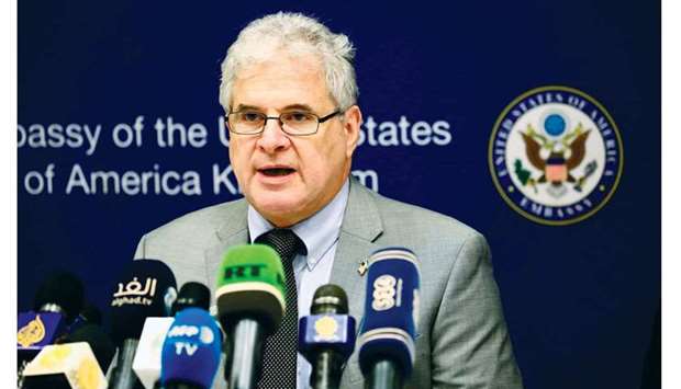 Top US envoy in Khartoum, Charge Du2019affaires Steven Koutsis, speaks during a press conference at the US embassy yesterday.