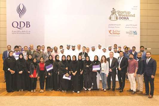 Participants and winners of the latest edition of u2018Startup Weekend Dohau2019 held recently at Hamad Bin Khalifa University Student Centre.