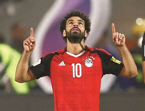 Egyptu2019s Mohamed Salah celebrates after scoring a goal against Congo in the World Cup qualifiers at the Borg El Arab stadium in Alexandria, Egypt, yesterday. (Reuters)