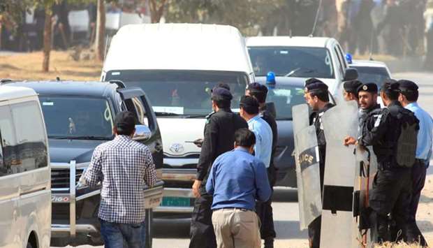 A vehicle carrying Muhammad Safdar, son-in-law of ousted Pakistani premier Nawaz Sharif, arrives at National Accountability Bureau (NAB) court in Islamabad, Pakistan