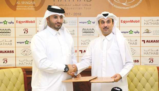 Al Shaqabu2019s commercial manager Omar al-Mannai (right) and Event Director of Qatar Equestrian Federation Ali al-Rumaihi at the announcement of u2018Hathabu2019, a new equestrian competition yesterday. PICTURE: Lotfi Garsi
