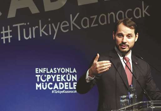 Turkish Finance Minister Berat Albayrak speaks during an event to announce his programme to fight inflation in Istanbul yesterday.