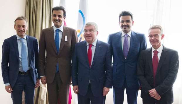 His Highness the Amir Sheikh Tamim bin Hamad al-Thani met with IOC President Dr Thomas Bach in Buenos Aires yesterday. HE the President of Qatar Olympic Committee, Sheikh Joaan bin Hamad al-Thani, attended the meeting.