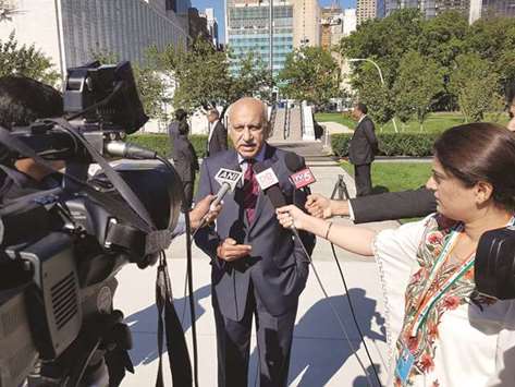 Minister of State for External Affairs M J Akbar talks to the media at the United Nations in New York in this file picture of September 29, 2018. At least six women journalists have accused Akbar of sexual harassment and inappropriate behaviour when he was an editor.