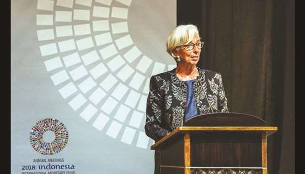 International Monetary Fund managing director Christine Lagarde talks during a trade conference at the 2018 IMF-World Bank Group Annual Meeting in Bali, Indonesia. u201cWe need to join hands to fix the current trade system, not destroy it,u201d Lagarde said.