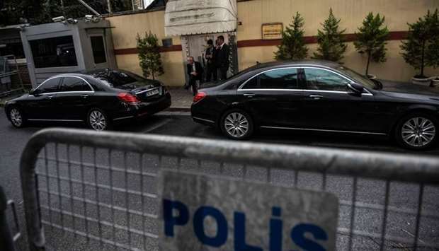 Vehicles with diplomatic plaques are seen in front of the Saudi Arabia's consulate in Istanbul, on October 12, 2018.