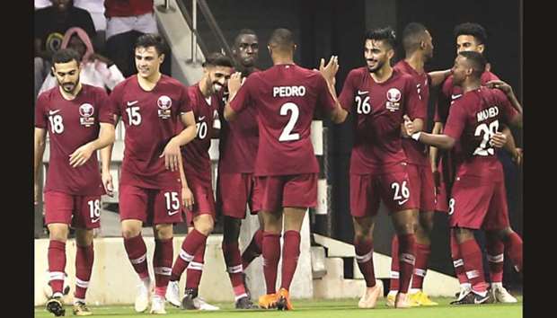Qatar players celebrate a goal during the international friendly against Ecuador yesterday. PICTURES: Jayan Orma