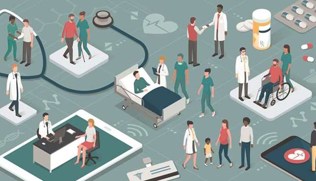 Doctors and nurses taking care of the patients and connecting together: healthcare and technology concept.
