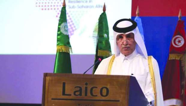 HE the Minister of State for Foreign Affairs Sultan bin Saad al-Muraikhi speaking at an event.