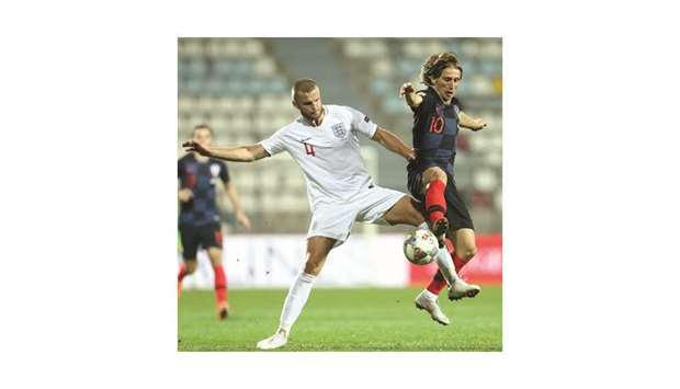 Englandu2019s Eric Dier (left) vie for the ball with Croatiau2019s Luka Modric during the UEFA Nations League match at Stadion HNK Rijeka in Rijeka, Croatia, on Friday night. (Reuters)