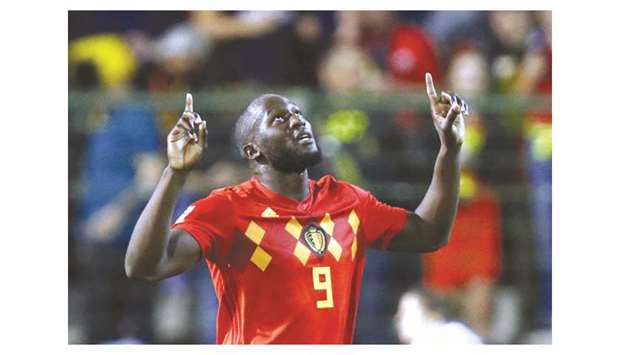 Belgiumu2019s Romelu Lukaku celebrates after scoring against Switzerland during the UEFA Nations League match in Brussels, Belgium on Friday. (Reuters)