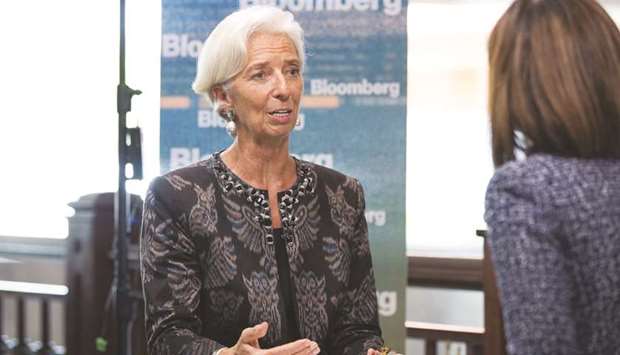IMF MD Christine Lagarde speaks during a Bloomberg Television interview on the sidelines at the IMF and World Bank Group Annual Meetings in Nusa Dua, Bali, yesterday. u201cOur message was very clear: de-escalate the tensions,u201d she said.