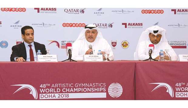 Qatar Gymnastics Federation (QGF) president Ali al-Hitmi (centre) and Al Kass director general Eissa al-Hitmi (right) at a press conference ahead of this monthu2019s World Artistic Gymnastics Championships in Doha yesterday. PICTURES: Thajudheen