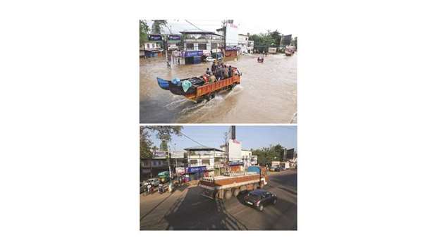 A combination photo shows a supply truck transporting boats to flooded areas through a water-logged road in Aluva, Kerala, India, on August 18, 2018 (top) and people commuting along a road in Aluva, on September 8, 2018.