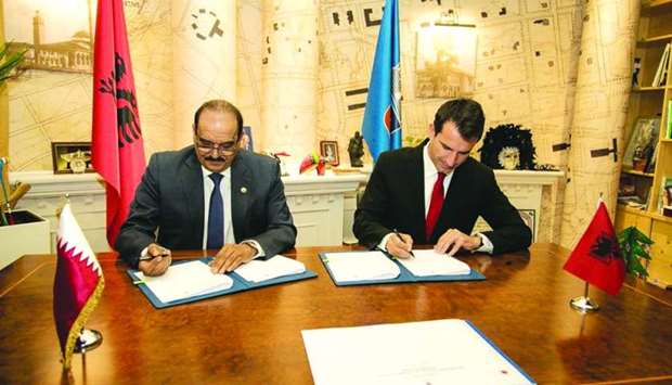 Qatar's ambassador to Albania Ali bin Hamad al-Marri, on behalf of QFFD, and Mayor of Tirana Erion Veliaj, on behalf of the Albanian government signs the agreement.