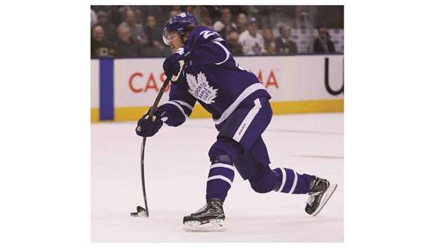 Toronto Maple Leafsu2019 Kasperi Kapanen shoots the puck against the Los Angeles Kings during the second period of their NHL game in Toronto, Canada, on Monday. (USA TODAY Sports)