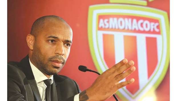 Monacou2019s new manager Thierry Henry gestures during a press conference in Monaco yesterday. (AFP)