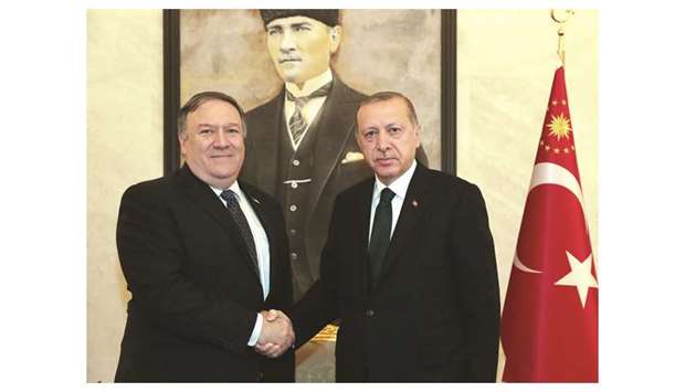 Turkish President Tayyip Erdogan with US Secretary of State Mike Pompeo in Ankara.