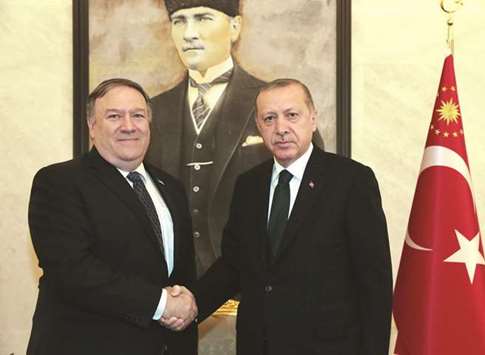 Turkish President Tayyip Erdogan with US Secretary of State Mike Pompeo in Ankara.