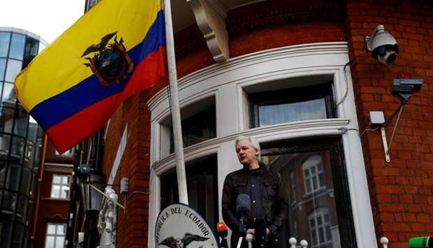 Julian Assange is seen on the balcony of the Ecuadorian Embassy in London, Britain on May 19, 2017.