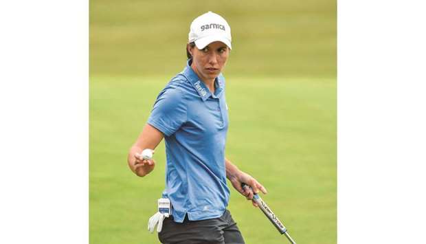 Carlota Ciganda of Spain gestures during third round of the Shanghai LPGA golf tournament yesterday. (AFP)