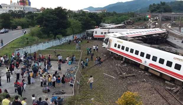 The derailed train in Yian, eastern Taiwan