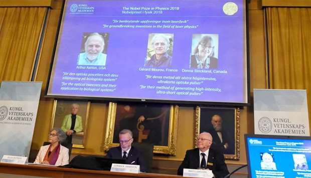 The Nobel Prize laureates for physics 2018 Arthur Ashkin of the United States, Gerard Mourou of France and Donna Strickland of Canada are announced at the Royal Swedish Academy of Sciences in Stockholm