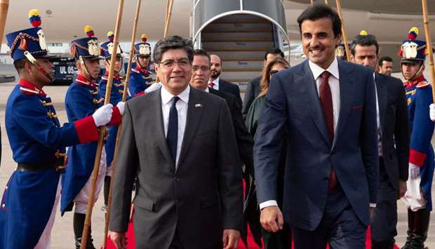 Ecuadoru2019s Minister of Foreign Affairs and Human Mobility Jose Valencia receives His Highness the Amir Sheikh Tamim bin Hamad al-Thani at Mariscal Sucre Presidential Airport