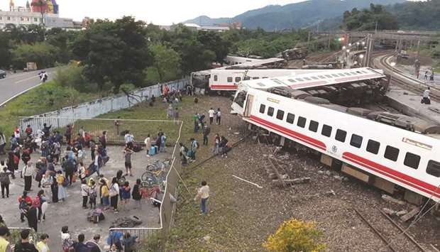 A derailed train in Yian, eastern Taiwan yesterday.