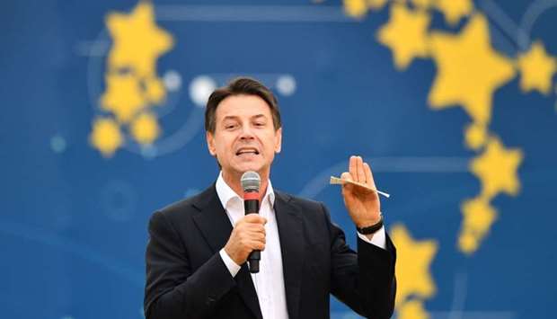Italy's Prime Minister Giuseppe Conte speaks during a convention of the governing coalition's populist Five Star Movement (M5S) yesterday