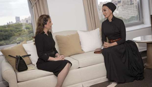 Her Highness Sheikha Moza bint Nasser, chairperson of Education Above All, with the First Lady of Paraguay, Silvana Lopez Moreira, in New York recently. They discussed areas of potential collaboration with Education Above All to provide access to quality education to out-of-school children in Paraguay. PICTURE: AR al-Baker/HHOPL