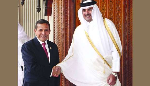 His Highness the Emir Sheikh Tamim bin Hamad al-Thani meets Peru's then President Ollanta Humala in Doha in February 2014.