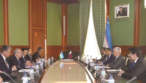 HE the Minister of State for Foreign Affairs Sultan bin Saad al-Muraikhi leading the Qatari delegation during the talks with Uzbekistan officials.