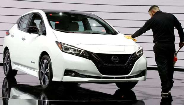 2019 Nissan Leaf hybrid car is displayed at an Auto Show