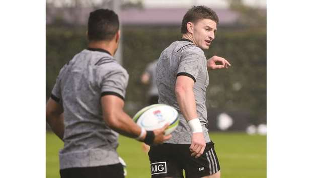 All Blacksu2019 Beauden Barrett (right) with a teammate during their training session in Tokyo yesterday. The New Zealand All Blacks will play Australiau2019s Wallabies in a Bledisloe Cup match in Yokohama on Saturday. (AFP)