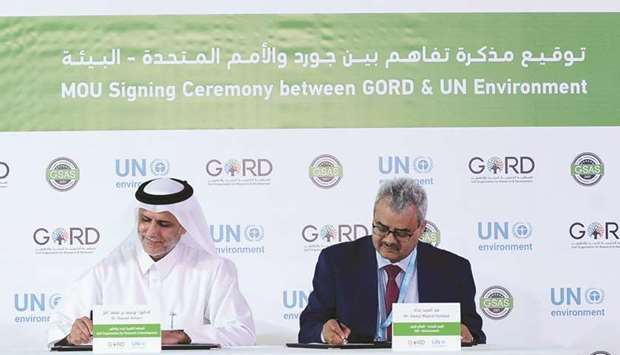 Gord founding chairman Dr Yousef Alhorr and the United Nations Environmentu2019s West Asia Office director Sami Dimassi sign an MoU.