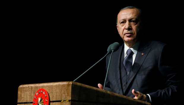 Turkish President Tayyip Erdogan speaks during a meeting in Ankara.