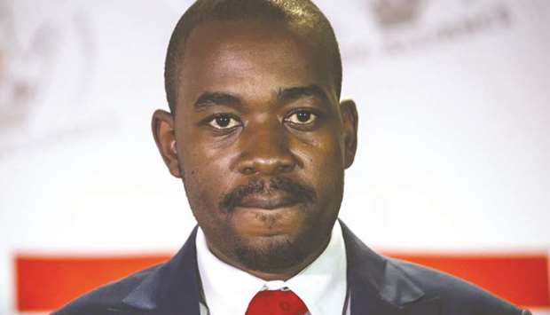 Zimbabwe main opposition leader Nelson Chamisa of the Movement for Democratic Change (MDC) Alliance looks on during a press conference on Zimbabweu2019s economic crisis, yesterday at his party headquarters in Harare.