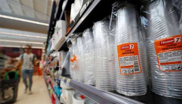 Plastic cups are seen at a Pingo Doce supermarket in Lisbon