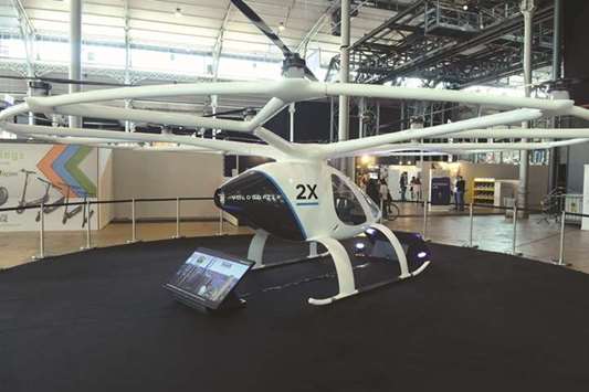 An electric Volocopter 2X by German aircraft manufacturer Volocopter, is on display during the 3rd edition of the u201cAutonomy and the Urban Mobility Summitu201d in Paris.