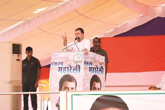 Congress president Rahul Gandhi waves to supporters during a public rally in Jhalawar, Rajasthan, yesterday.