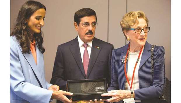 Qatar National Libraryu2019s Board of Trustees chair HE Sheikha Hind bint Hamad al-Thani, HE the Minister of State Dr Abdulaziz bin Hamad al-Kuwari, and the British Library Board chair Dame Carol Black at the reception in London yesterday.