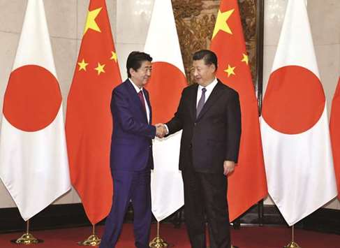 Japanu2019s Prime Minister Shinzo Abe, left, shakes hands with Chinau2019s President Xi Jinping during a meeting in Beijing.