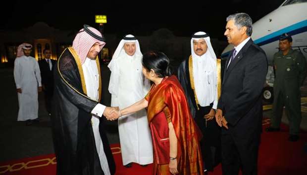 India's Minister for External Affairs Sushma Swaraj, on an official visit to Qatar, was received at Doha International Airport Sunday on her arrival. Qatar Ministry of Foreign Affairs secretary general HE Ahmed Hassan al-Hamadi, chief of protocol Ibrahim Yousif Fakhro, Indian ambassador P Kumaran and Qatar Airways CEO Akbar al-Baker are seen on the occasion.