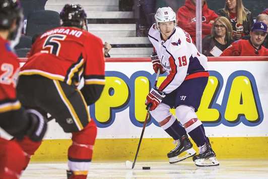 Washington Capitals centre Nicklas Backstrom controls the puck against the Calgary Flames. (USA TODAY Sports)