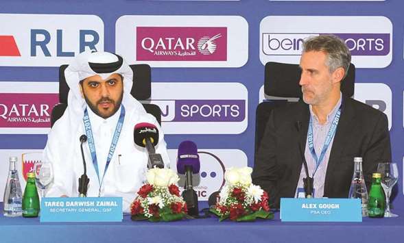 Qatar Squash Federation secretary-general Tareq Zainal (left) and Professional Squash Association CEO Alex Gough address a press conference in Doha yesterday. PICTURE: Jayan Orma