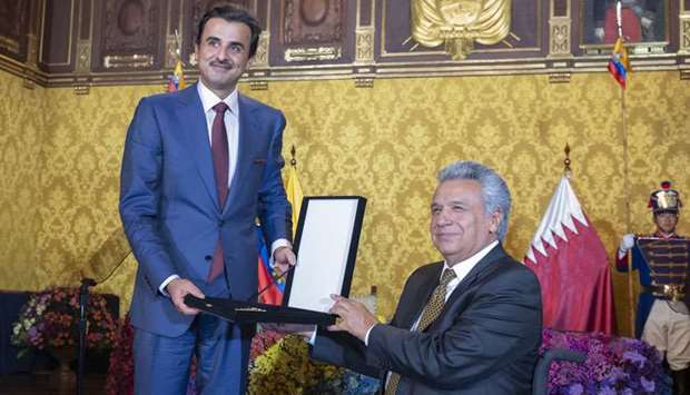 His Highness the Amir Sheikh Tamim bin Hamad al-Thani receiving the National Order of Merit from Ecuador President Lenin Moreno.