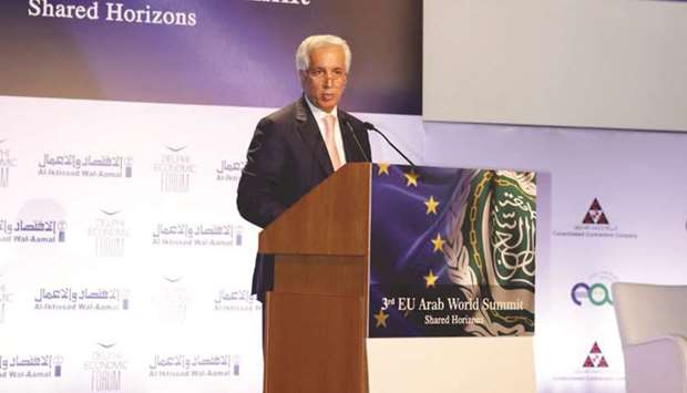 HE Sultan bin Saad al-Muraikhi speaking at the EU-Arab World Summit u201cShared Horizonsu201d in Athens yesterday.