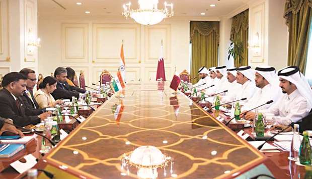 HE the Deputy Prime Minister and Minister of Foreign Affairs Sheikh Mohamed bin Abdulrahman al-Thani met Indiau2019s External Affairs Minister Sushma Swaraj, in Doha yesterday.