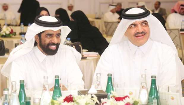 HE the Minister of Development Planning and Statistics Dr Saleh Mohamed Salem al-Nabit and HE Minister of Municipality and Environment Mohamed bin Abdullah al-Rumaihi attending the event organised on the occasion of Qatar Population Day in Doha yesterday.